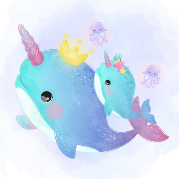 Adorable Narwhal Motherhood Illustration In Watercolor