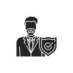 Lawyer with shield glyph black icon. Defendant defense. Courthouse concept. Law and justice profession. Sign for web page, mobile app, button, logo.