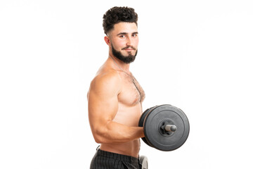 Strong handsome sport man making weightlifting on isolated white background