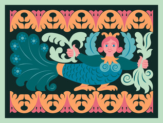 Vector card with Russian folk Sirin bird. Traditional ornament for house wood carving