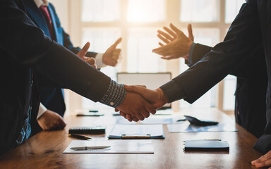 Handshake. Meeting of business people and working cooperation in the organization. - obrazy, fototapety, plakaty