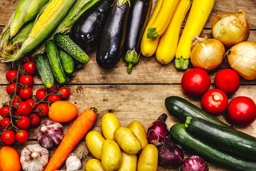 Harvest a variety of ripe vegetables from fresh cucumbers, tomatoes, eggplants, zucchini, onions, garlic, potatoes, carrots
