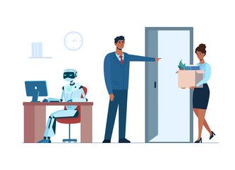 Artificial intelligence has replaced human, she lost her job due to robotics. The robot is in the workplace, and black woman is fired. Flat vector .isolated. Ai, technologies of the future.
