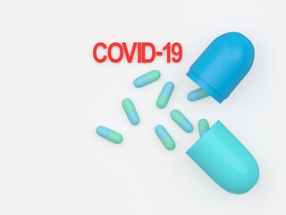 Scattered blue medical capsules and Covid-19 icon with space for text isolated on white background. 3D illustration
