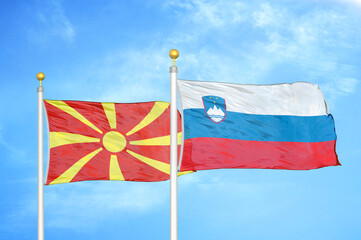 North Macedonia and Slovenia two flags on flagpoles and blue sky
