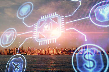 Data theme hologram drawing on city view with skyscrapers background multi exposure. Bigdata concept.