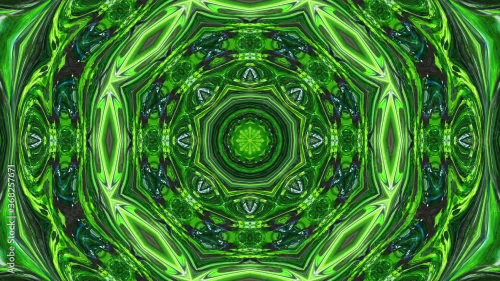 Poster stylish 3d looped abstract bg with wavy structure. liquid green symmetrical pattern like kaleidoscop
