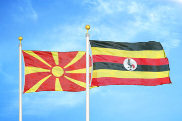 North Macedonia and Uganda two flags on flagpoles and blue sky