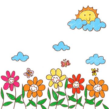 Cute colorful flowers meadow, sun, butterfly and cloud. Drawing with crayons.