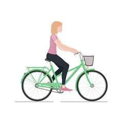 Fototapeta na wymiar Young girl rides a bike isolated on white background
