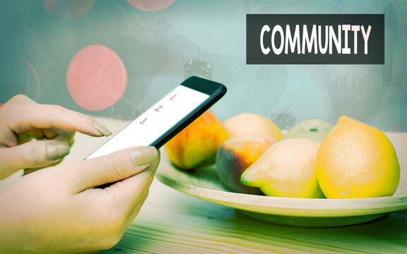 Handwriting text Community. Conceptual photo group of showing with a common characteristics living together Modern gadgets with white display screen under colorful bokeh background