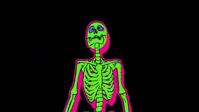 Dancing skeletons in comic style, fluorescent textures and patterns. Halloween zine culture video loop with a doodle cartoon illustration look in stop motion