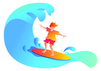 Surfer boy vector illustration of young man at surf board on ocean wave, summer vacations sport activity, Surfing illustration vector on isolated with background for landing page, web page, poster.