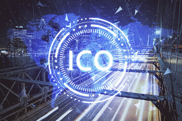 Multi exposure of cryptocurrency theme hologram drawing and city veiw background. Concept of...