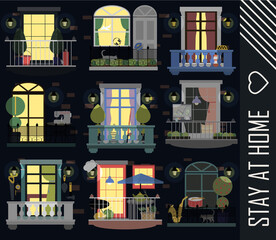 multi-storey brick house with different balconies and items of people of different professions who live in it. Beautiful balconies for recreation and work. Stay home motivational banner. Brick houses