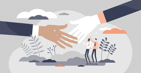 Handshake greeting as business deal communication flat tiny persons concept - obrazy, fototapety, plakaty