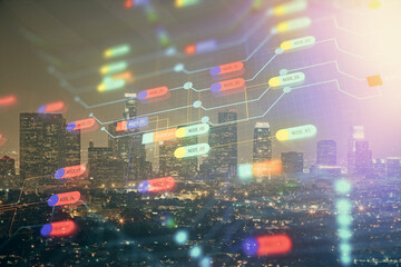 Data theme hologram drawing on city view with skyscrapers background double exposure. Ai concept.