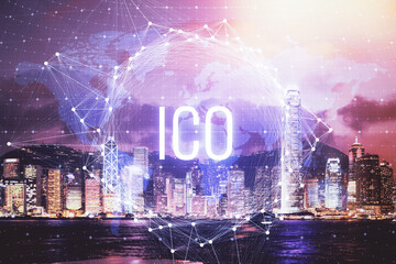 Multi exposure of cryptocurrency theme hologram drawing and city veiw background. Concept of blockchain and bitcoin.