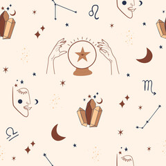 Mystical Seamless pattern with stars and astrological elements. Magical, witchcraft symbols. Neutral Beige Background.
