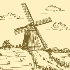 Handdrawn doodle illustration of a countryside with windmill