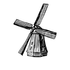 Wind mill, windmill hand drawn sketch vector engraved illustration. Old building emblem, logo, banner, badge for poster, web, mobile, icon, packaging