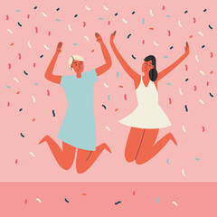 Obraz na płótnie Canvas Vector illustration of two girls is jumping from happiness in a white and blue dress with confetti.