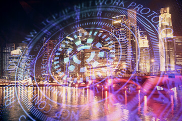 Data theme hologram drawing on city view with skyscrapers background multi exposure. Ai concept.