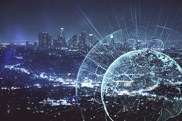 Multi exposure of social network theme drawing and cityscape background. Concept of people connecton.