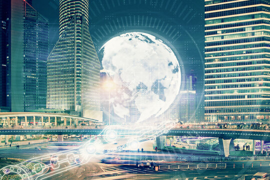 Map and data theme hologram on city view with skyscrapers background double exposure. International technology in business concept. - Powered by Adobe