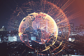 Multi exposure of social network theme drawing and cityscape background. Concept of people connecton.