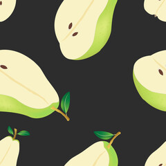 Vector apple seamless pattern on a beige background. Whole, half and quarter. For printing on fabrics, packaging, napkins, various backgrounds.