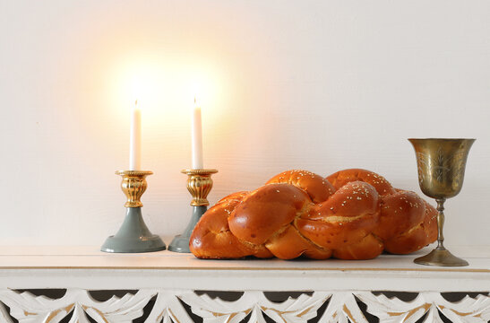 Shabbat Image. Challah Bread, Shabbat Wine And Candles