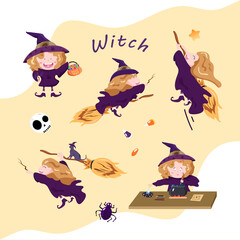 Witch cartoon vector, cute character set Halloween concept illustration