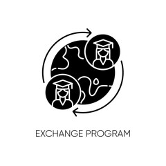 Exchange program black glyph icon. International students swap. Opportunity for studying in foreign university. Education abroad silhouette symbol on white space. Vector isolated illustration