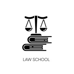 Law school black glyph icon. Professional jurisprudence education, judicial system. Legal court trial, justice silhouette symbol on white space. Scales on books stack vector isolated illustration