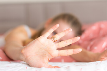 Young woman relaxing on couch. Happy female rest on sofa.
