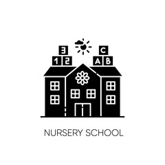 Nursery school black glyph icon. Pre primary, elementary education establishment for little children. Play school, day care, kindergarten silhouette symbol on white space. Vector isolated illustration