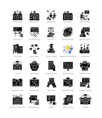Education black glyph icons set on white space. Learning process, student life. Modern education system silhouette symbols. Academic institutions and teaching types. Vector isolated illustrations