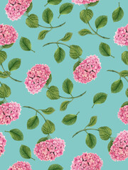 Seamless floral pattern with Hydrangea flower with green leaves. Watercolor botanical illustration on a blue background