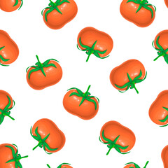 seamless tomato pattern isolated on white. endless background of big red ripe tomato fruit with green stem. fresh realistic vegetable icons template. great for label, products package design