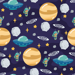 Space children's seamless pattern with planets, rocket in cartoon style. Cute texture for kids room design, Wallpaper, textiles, wrapping paper, apparel. Vector illustration