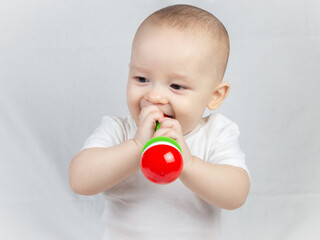Portrait of a eight month old baby with rattle