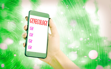 Handwriting text writing Gynecology. Conceptual photo routine physical care of the reproductive system of women Modern gadgets with white display screen under colorful bokeh background