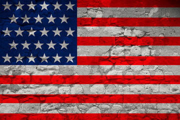 national flag of america state on rough, old stone wall texture with cracks, historical, tourism, emigration, economy, politics, global world trade concept