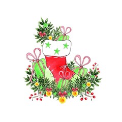 Сhristmas end New Year wreath decorative sock with bells, holly e branch composition. Watercolor hand drawn illustration, isolated on white