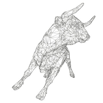Wireframe of a running bull. The contour of an angry bull from black lines on a white background. 3D. Vector illustration