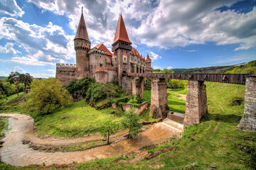 Fototapeta na wymiar Hunedoara, Romania - Corvin Castle or Hunyadi Castle (Romanian: Castelul Corvinilor or Castelul Huniazilor), an imposing Gothic-Renaissance fortification, one of the largest in Europe.