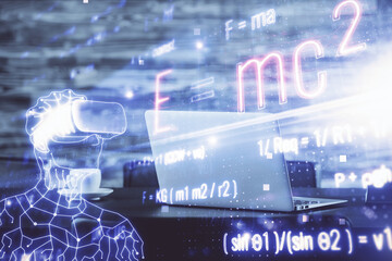 Desktop computer background and formula hologram writing. Double exposure. Education concept.