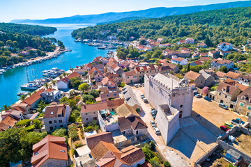 Town of Vrboska bay and fortress aerial view, Hvar island - obrazy, fototapety, plakaty