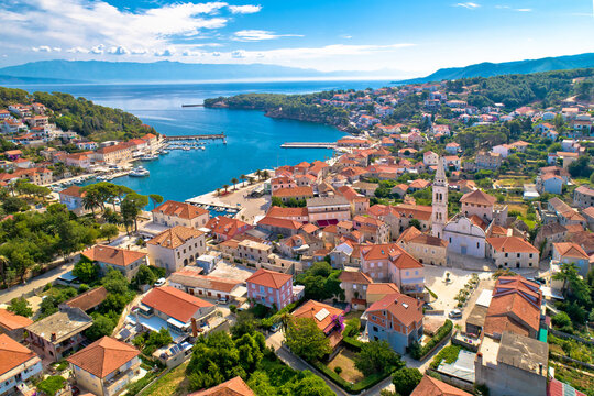 Town of Jelsa bay and waterfront aerial view, Hvar island